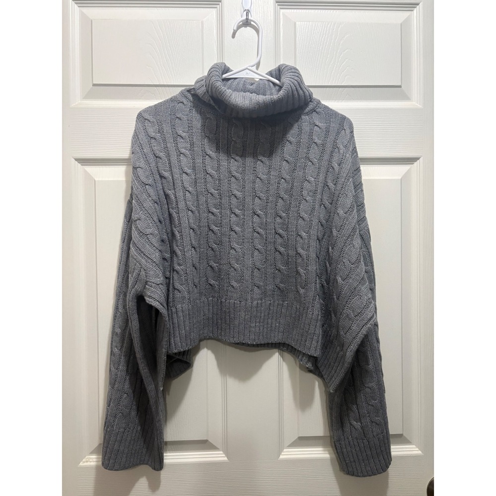 Willow & Root Womens Gray Cable Knit Cropped Turtleneck Sweater XS High Low Hem